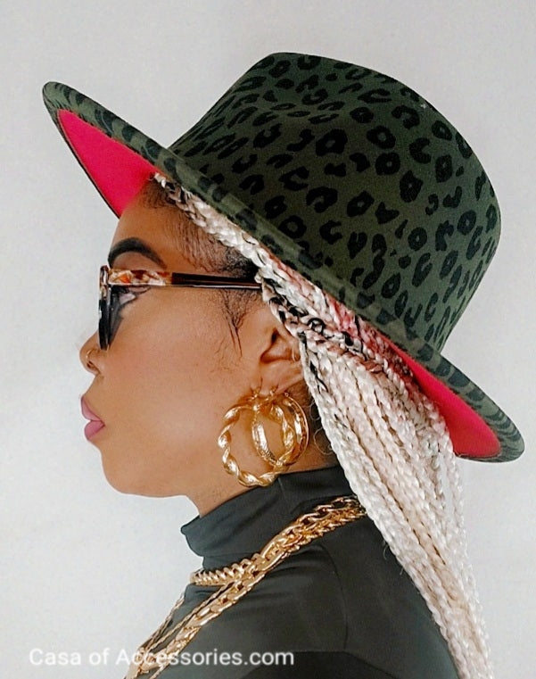 Green leopoard Print Fedora Hat with Red Bottom lining