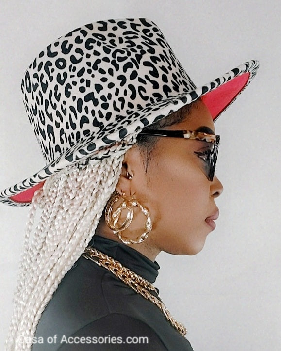 White Leopard Fedora Hat with red lining