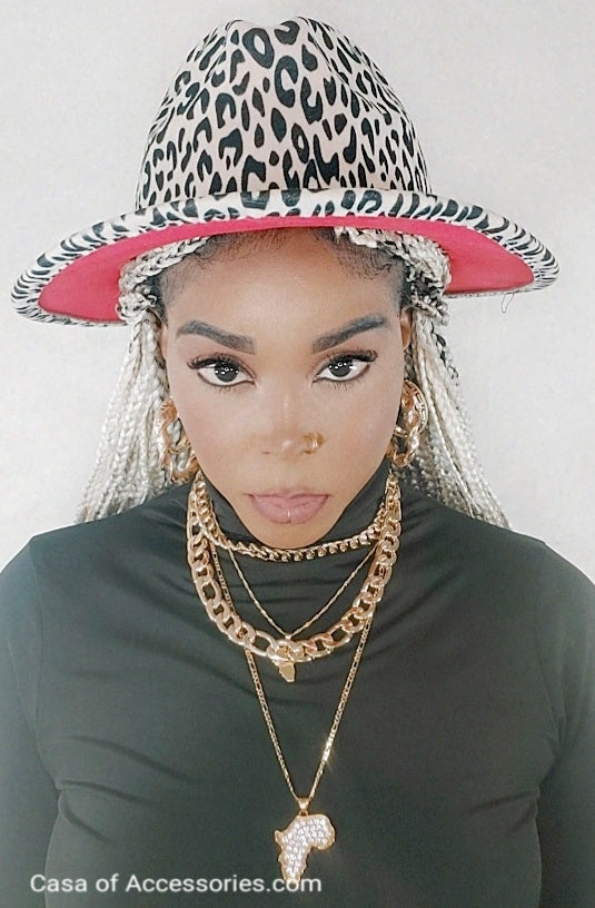 White Leopard Fedora Hat with red lining