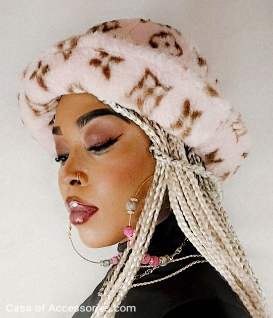 Pale Pink Fluffy Bucket Hat with diamond detail