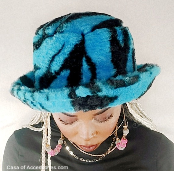 Electric Blue Fluffy Bucket Hat with Black Stripes - Faux Fur