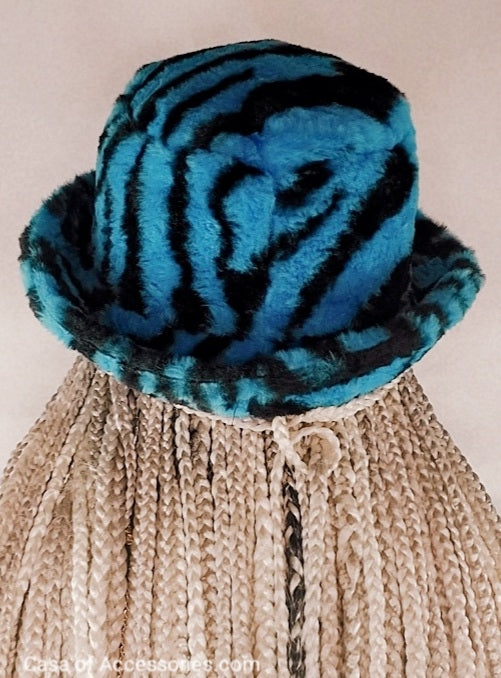 Electric Blue Fluffy Bucket Hat with Black Stripes - Faux Fur
