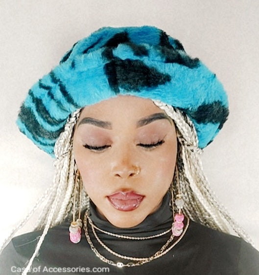 Electric Blue Fluffy Bucket Hat with Black Stripes - Faux Fur