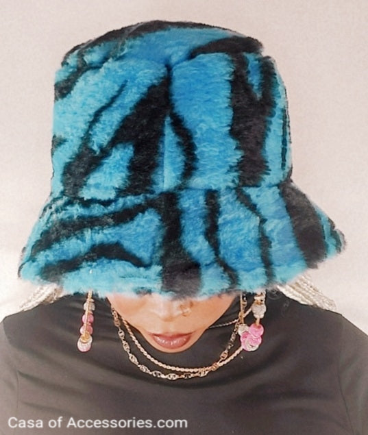 Electric Blue Fluffy Bucket Hat with Black Stripes - Faux Fur