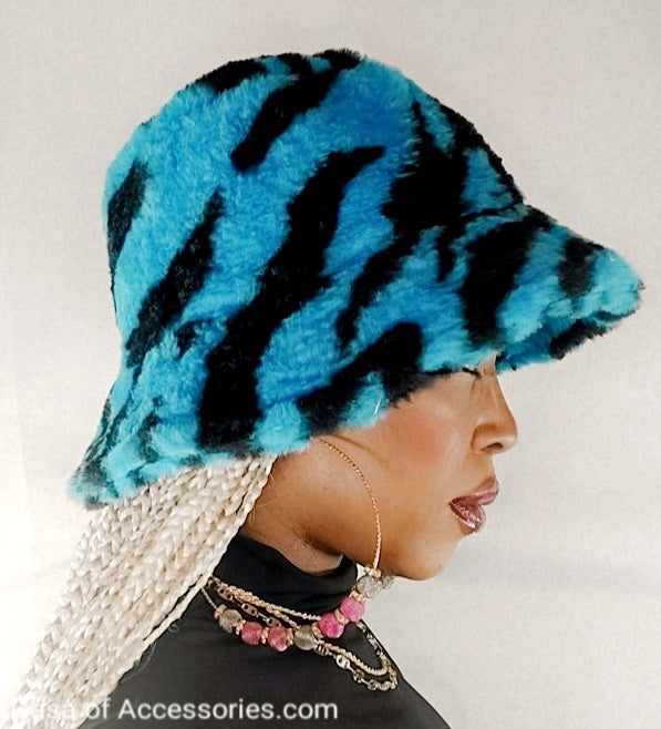Electric Blue Fluffy Bucket Hat with Black Stripes - Faux Fur
