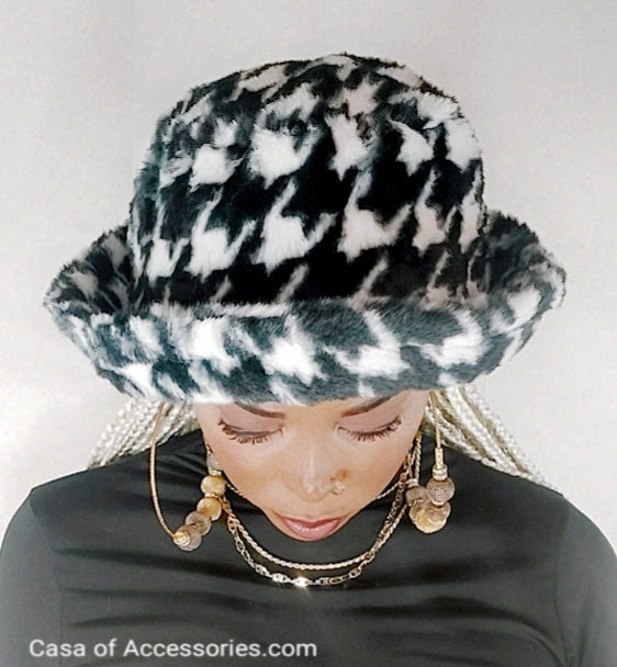 DogTooth Pattern Fluffy Bucket Hat Faux Fur