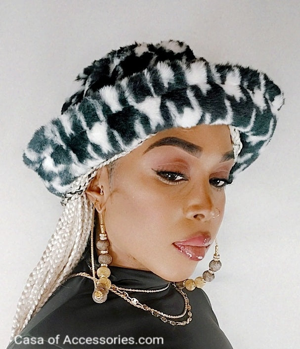 DogTooth Pattern Fluffy Bucket Hat Faux Fur