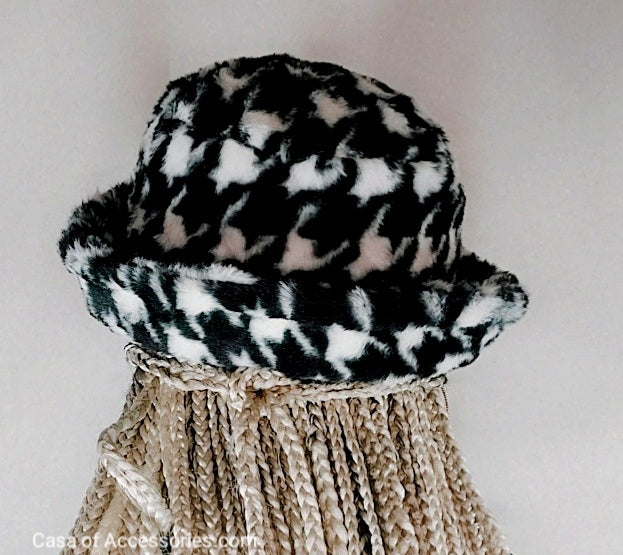 DogTooth Pattern Fluffy Bucket Hat Faux Fur