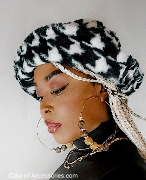 DogTooth Pattern Fluffy Bucket Hat Faux Fur