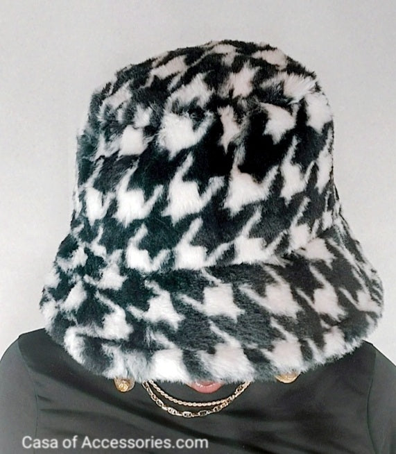 DogTooth Pattern Fluffy Bucket Hat Faux Fur