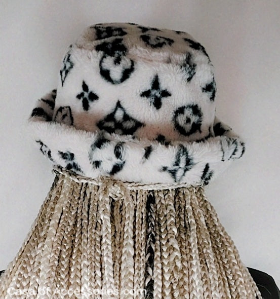 White Fluffy Bucket Hat with Black Diamond detail