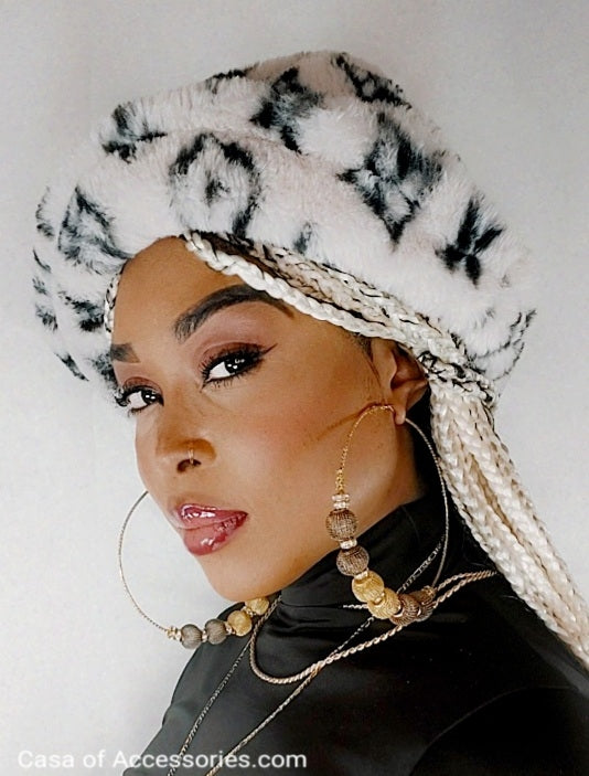 White Fluffy Bucket Hat with Black Diamond detail