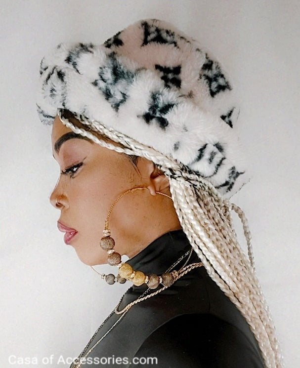 White Fluffy Bucket Hat with Black Diamond detail