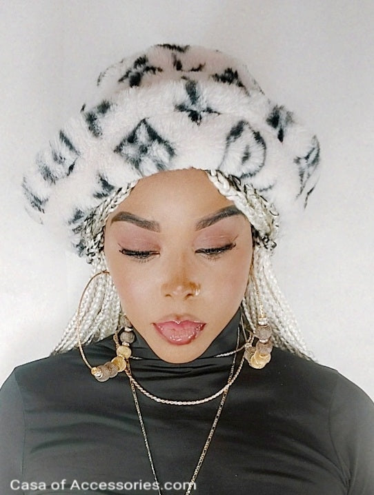 White Fluffy Bucket Hat with Black Diamond detail