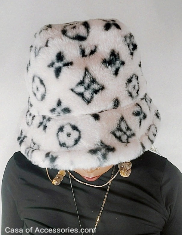 White Fluffy Bucket Hat with Black Diamond detail