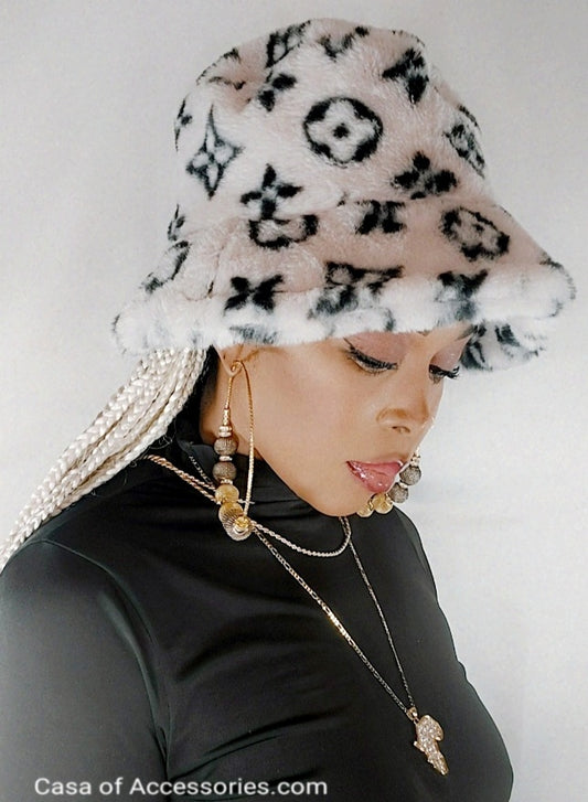 White Fluffy Bucket Hat with Black Diamond detail