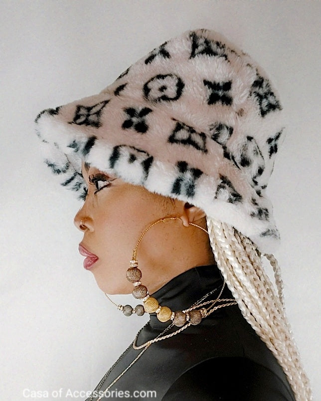 White Fluffy Bucket Hat with Black Diamond detail