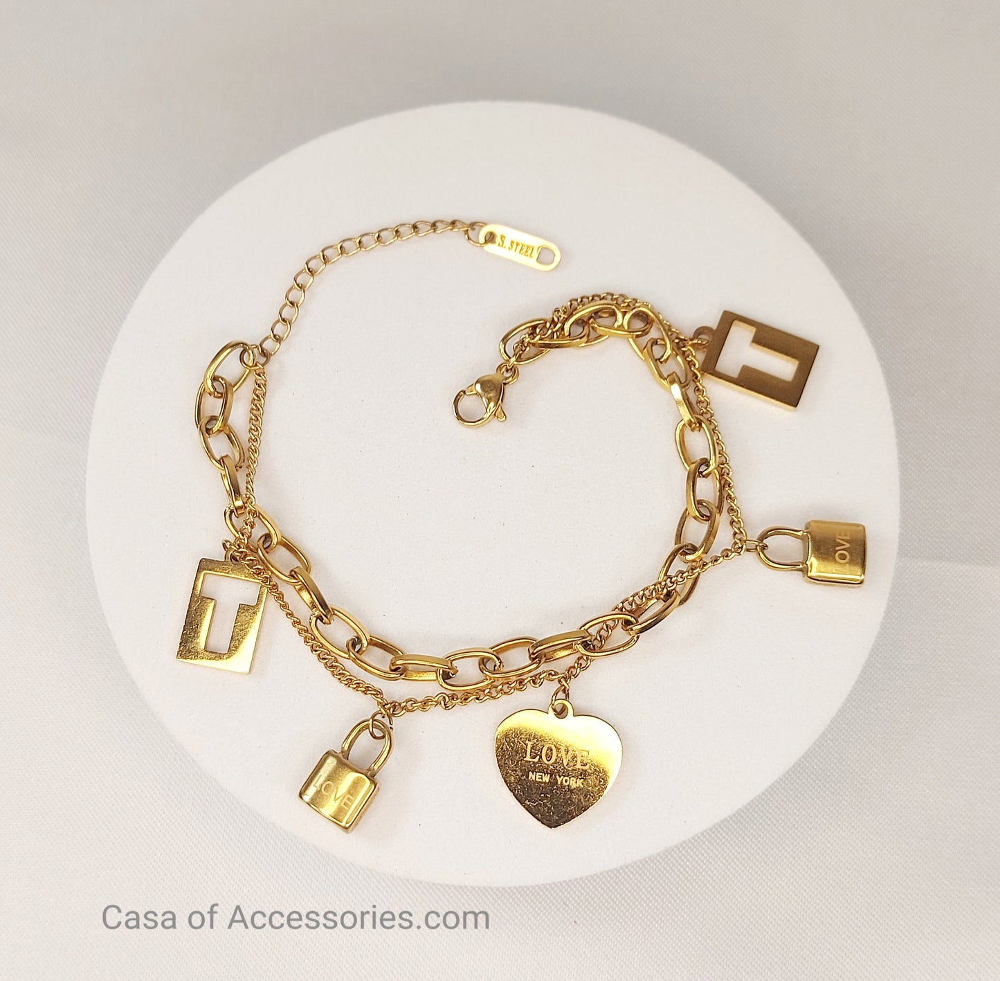 Love Gold Bracelet with Heart and Padlock Charms