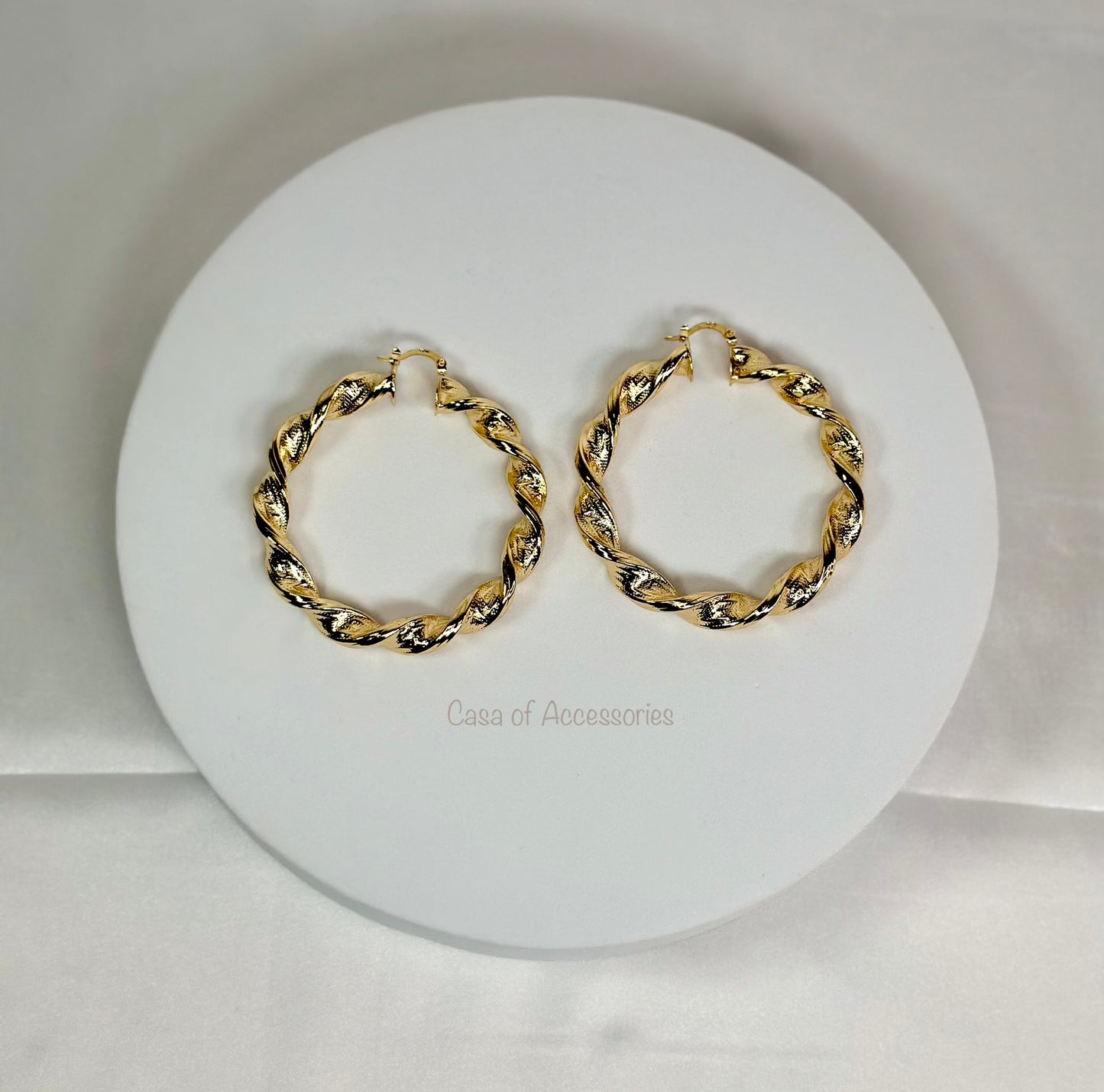 Gold Twisted Hoop Earrings - with pattern detail