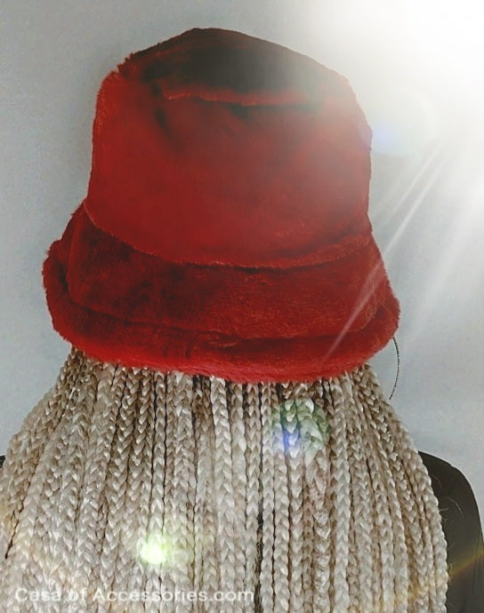 Deep Red Fluffy Bucket Hat Faux Fur