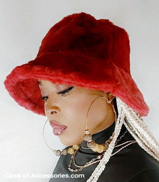 Deep Red Fluffy Bucket Hat Faux Fur