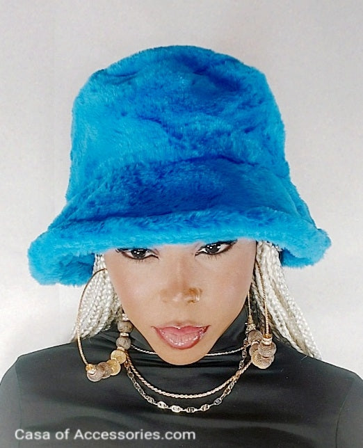 Electric Blue Fluffy Bucket Hat - Faux Fur