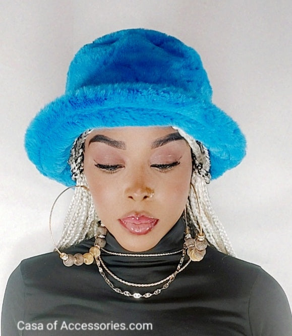 Electric Blue Fluffy Bucket Hat - Faux Fur