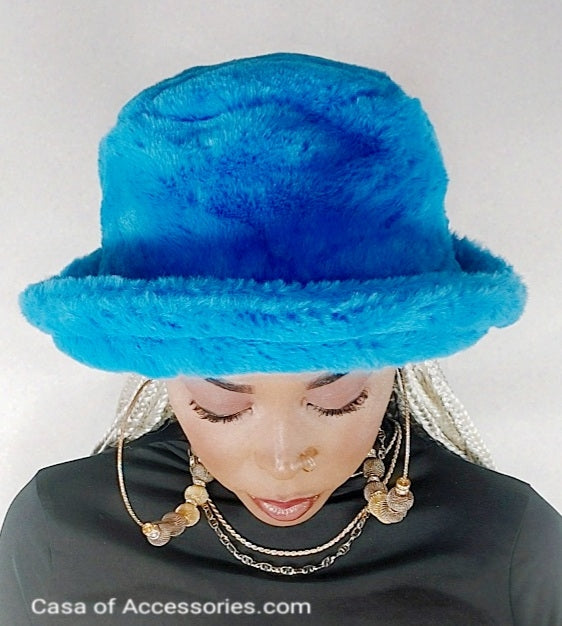 Electric Blue Fluffy Bucket Hat - Faux Fur