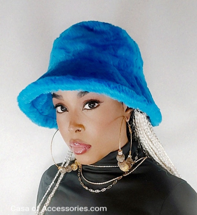 Electric Blue Fluffy Bucket Hat - Faux Fur