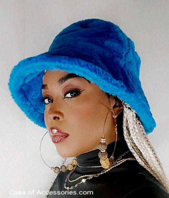 Electric Blue Fluffy Bucket Hat - Faux Fur