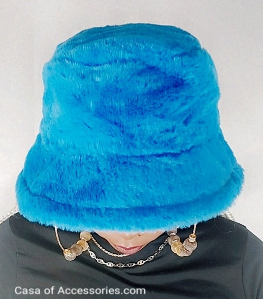 Electric Blue Fluffy Bucket Hat - Faux Fur