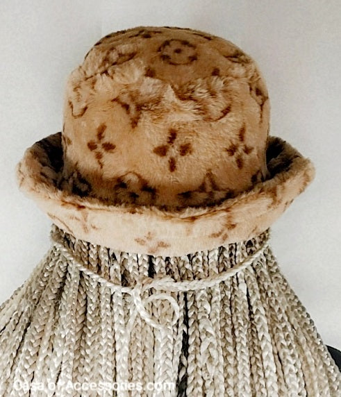 Brown Fluffy Bucket Hat with Diamond Pattern Detail