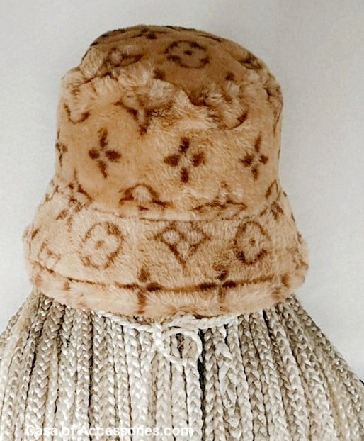 Brown Fluffy Bucket Hat with Diamond Pattern Detail