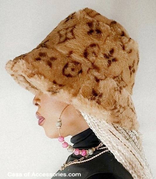 Brown Fluffy Bucket Hat with Diamond Pattern Detail