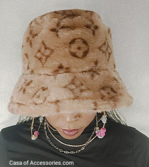 Brown Fluffy Bucket Hat with Diamond Pattern Detail