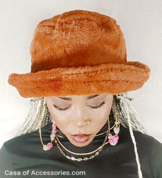 Deep Camel Fluffy Bucket Hat - Faux Fur