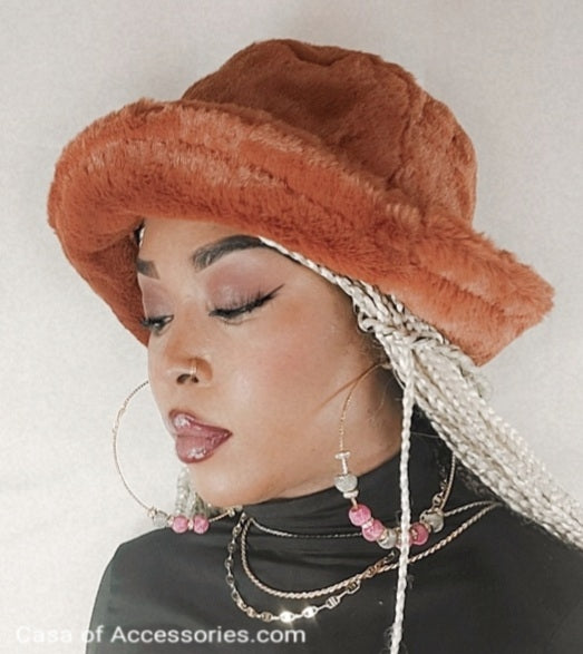 Deep Camel Fluffy Bucket Hat - Faux Fur