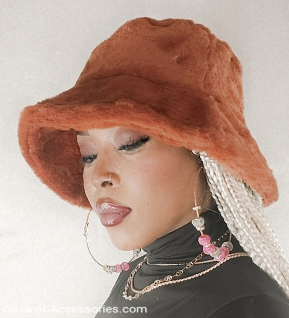 Deep Camel Fluffy Bucket Hat - Faux Fur