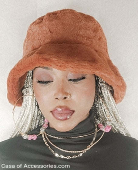 Deep Camel Fluffy Bucket Hat - Faux Fur