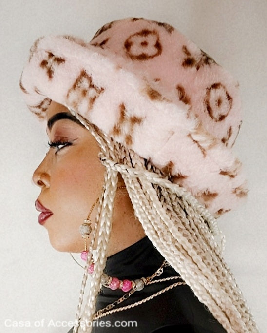 Pale Pink Fluffy Bucket Hat with diamond detail