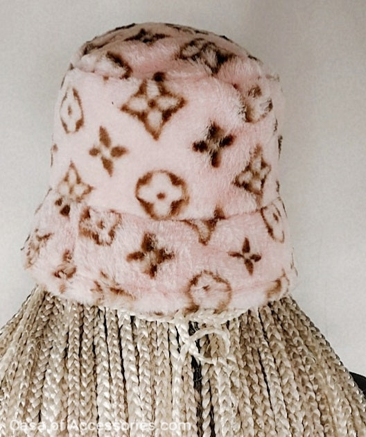 Pale Pink Fluffy Bucket Hat with diamond detail