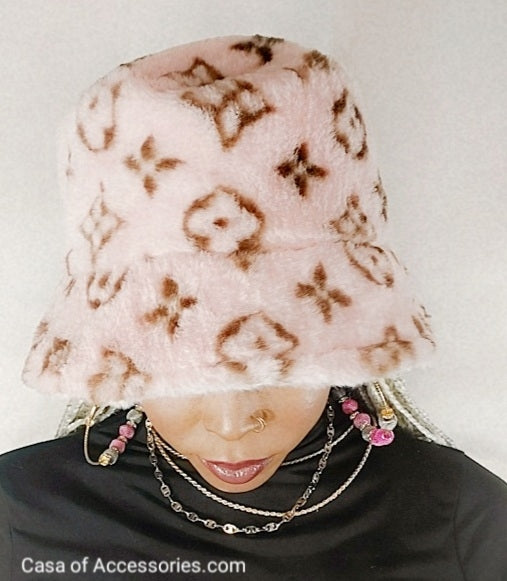 Pale Pink Fluffy Bucket Hat with diamond detail