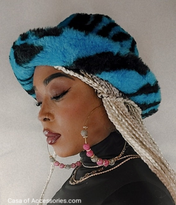 Electric Blue Fluffy Bucket Hat with Black Stripes - Faux Fur