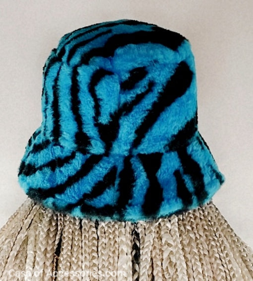 Electric Blue Fluffy Bucket Hat with Black Stripes - Faux Fur