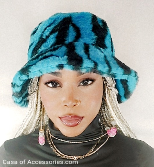 Electric Blue Fluffy Bucket Hat with Black Stripes - Faux Fur