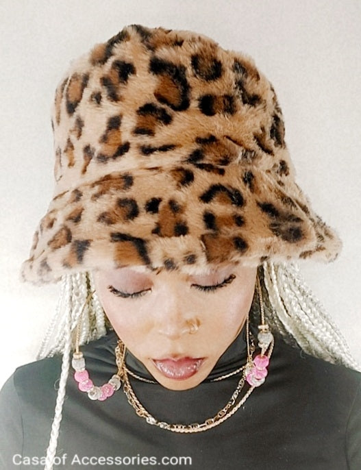 Brown Leopard Print Fluffy Bucket Hat