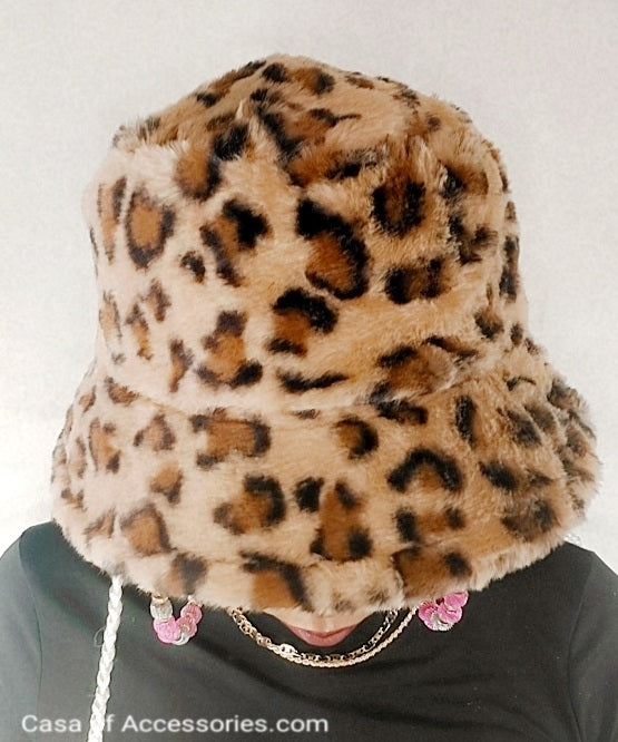 Brown Leopard Print Fluffy Bucket Hat