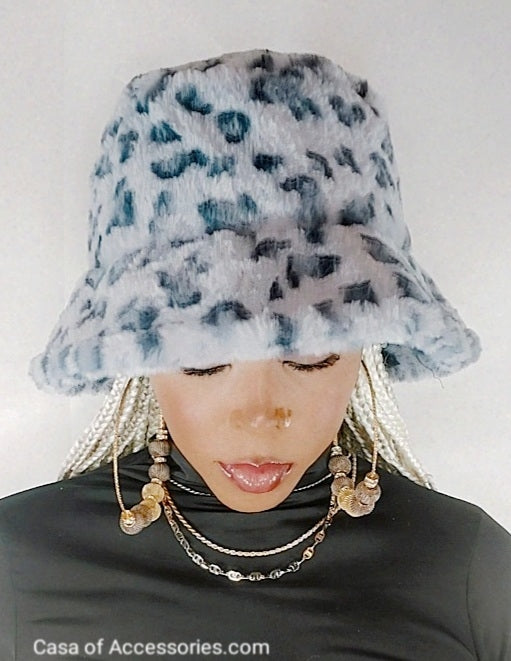 Grey Leopard Fluffy Bucket Hat - Faux Fur 