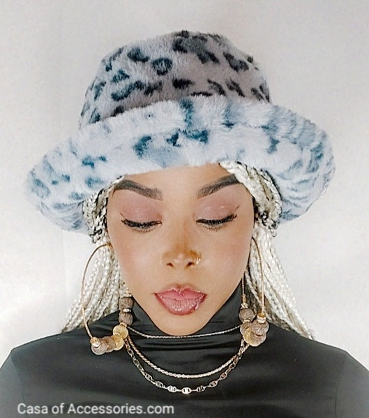 Grey Leopard Fluffy Bucket Hat