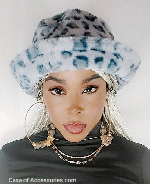 Grey Leopard Fluffy Bucket Hat